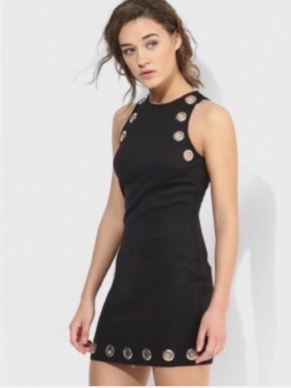 Topshop Bodycon with Metallic Grommet Details Black Mini Dress